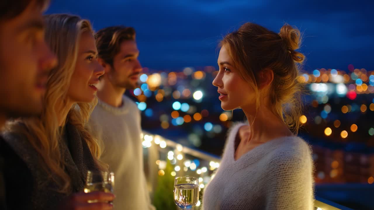 A cozy evening gathering on a balcony as friends enjoy drinks and intimate conversations, illuminated by soft lights and a breathtaking city view in the background, capturing moments of genuine connection
