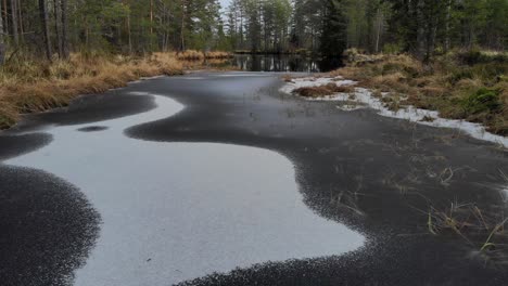 atmospheric drone footage of almost frozen forest river in norway