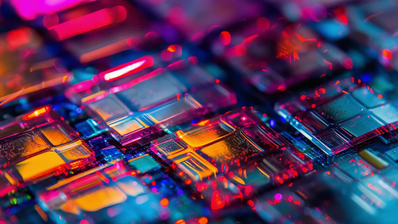 Revealing intricate digital landscape, advanced circuitry networks showcasing technological innovation through vibrant interconnected electronic components and complex computing systems