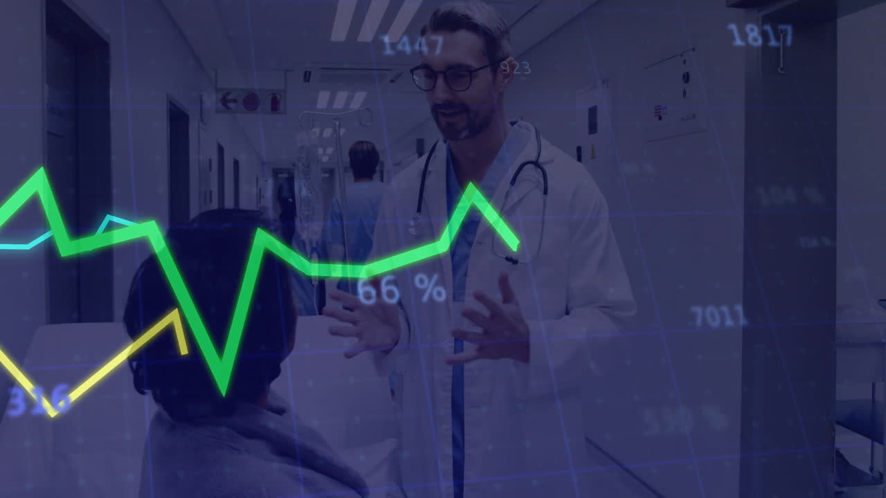 Medical data analysis animation over doctor consulting patient in hospital corridor