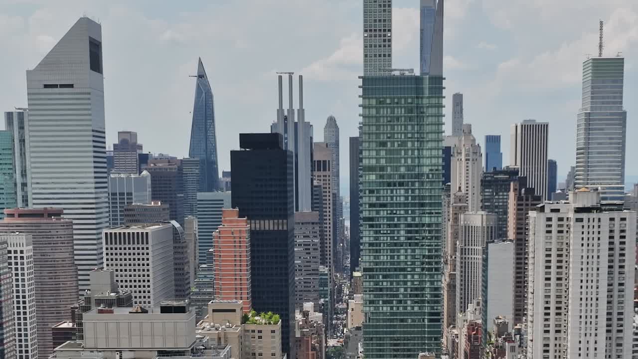 Drone view captures bustling urban landscape of New York City skyscrapers