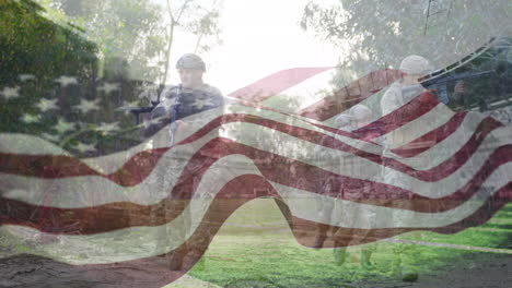 animation of flag of usa over diverse soldiers