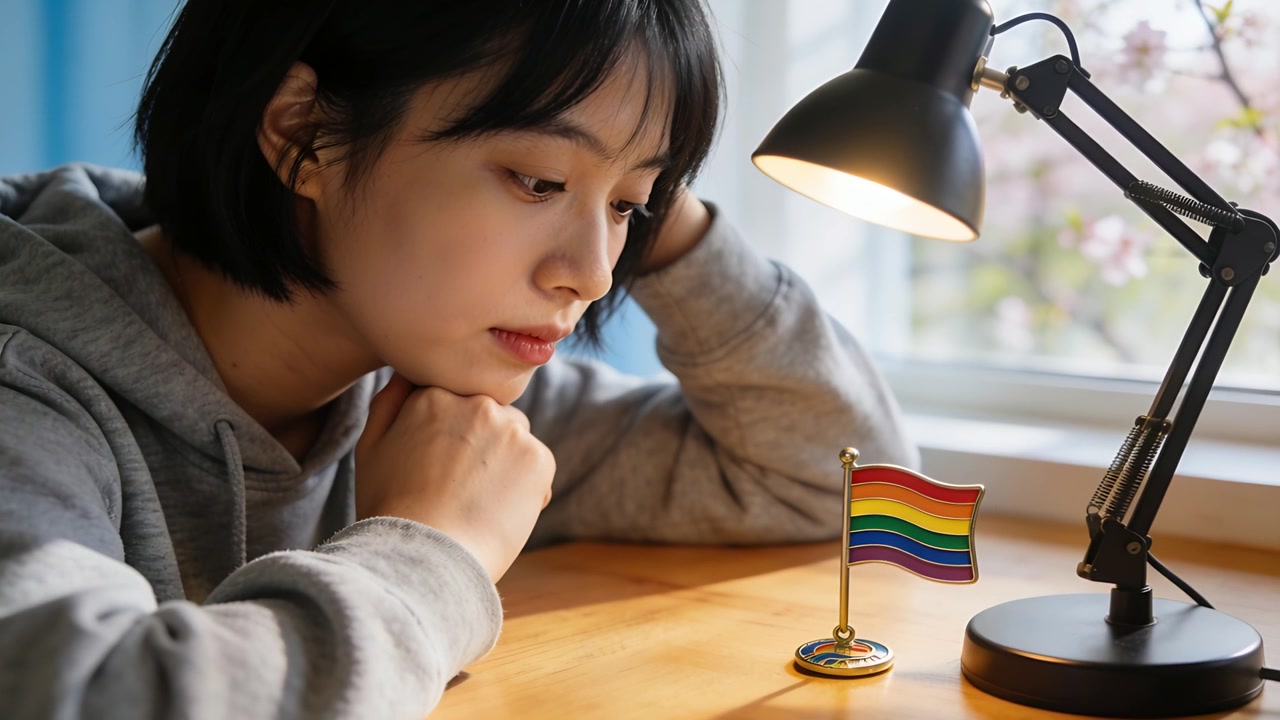 窓際のランプの下で、灰色のパーカーを着た10代の少女が、目を奪われるプライドフラッグを見つめている