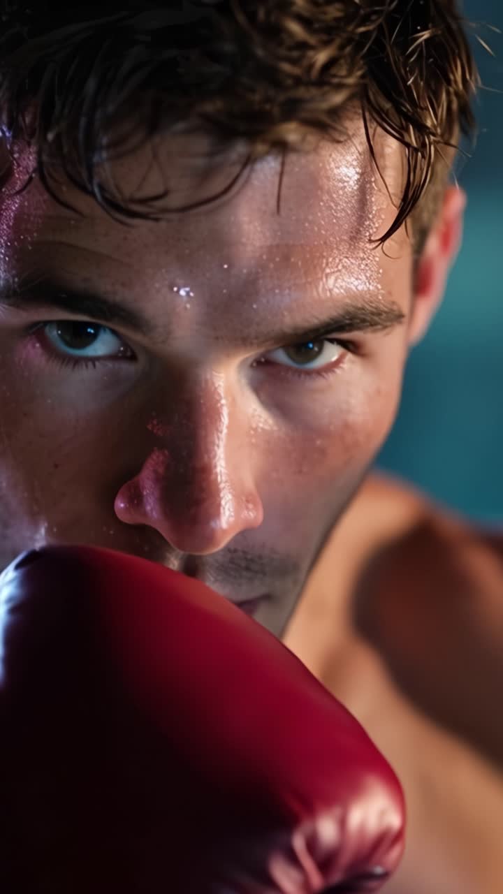 Intense Close-Up of a Fighter in Training, Capturing Grit and Determination in a Boxing Gym Setting with Focused Eyes and Sweaty Skin Showcasing Resilience