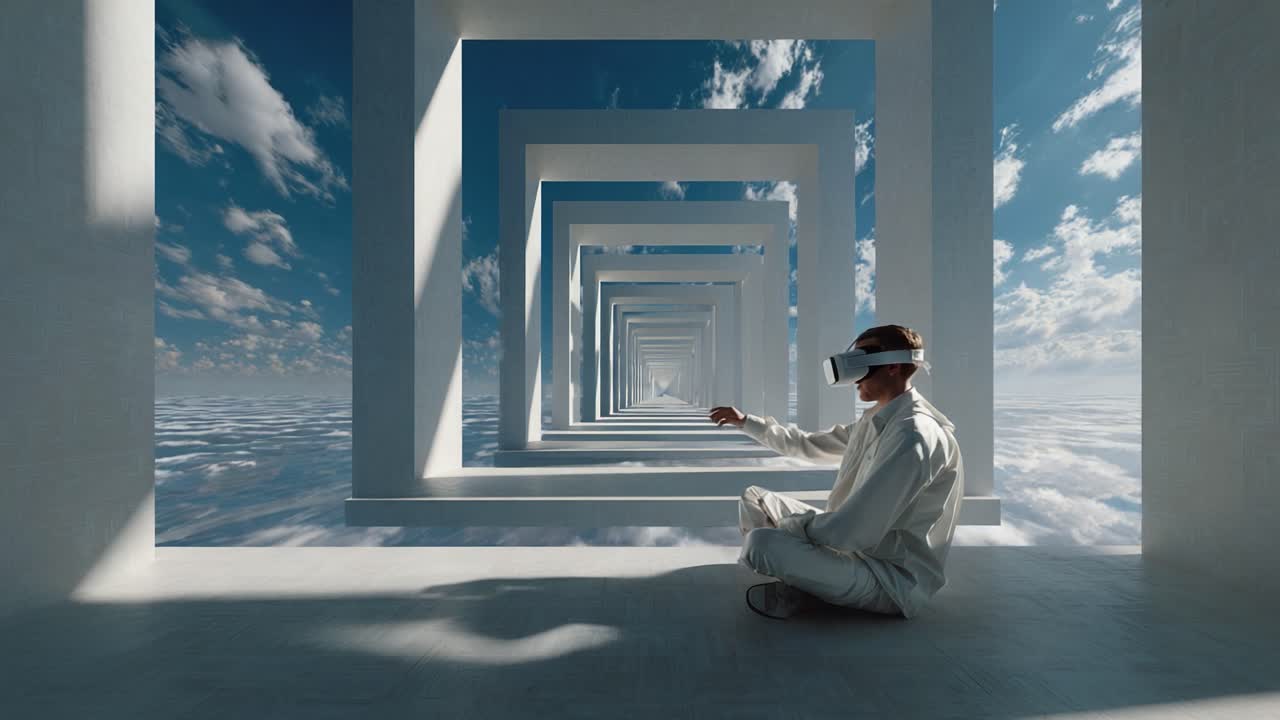 In a surreal digital realm, a figure equipped with a virtual reality headset sits peacefully amid an endless corridor of white geometric structures illuminated by a stunning blue sky covered in fluffy clouds
