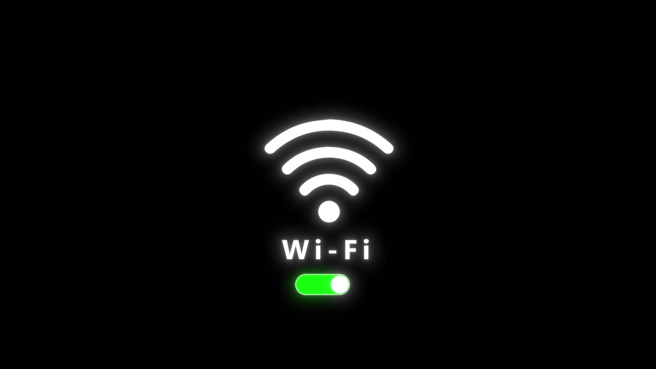 Immagine di uno switch di rete wireless con testo "wi-fi" luminoso, pulsante verde attivo, bagliore tenue e sfondo nero.