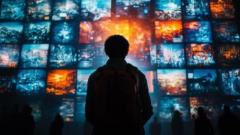 person gazing at a digital art display. a visitor stands mesmerized in front of a vibrant digital art installation showcasing various cityscapes at night.