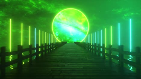 neon green portal bridge through space