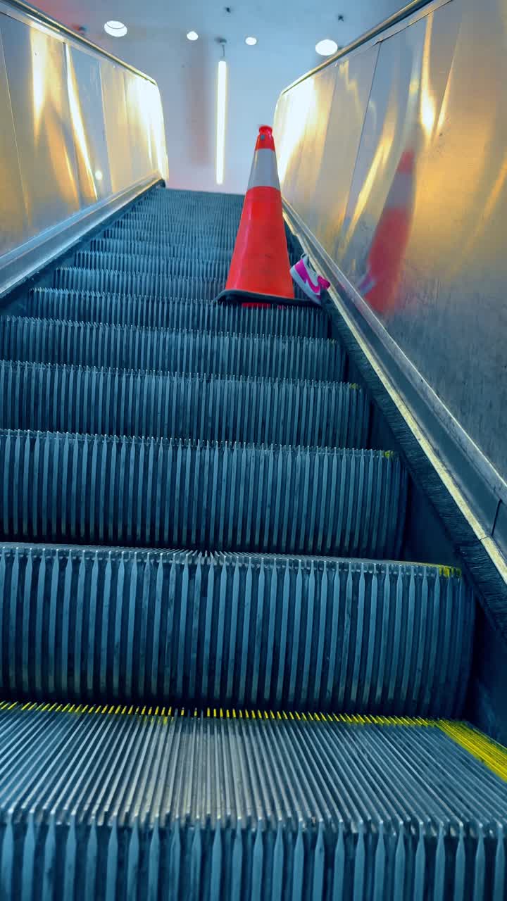 Lost pink sneaker and traffic cone on moving escalator steps. A child's pink shoe and orange safety cone placed on metal escalator steps in a public transport area
