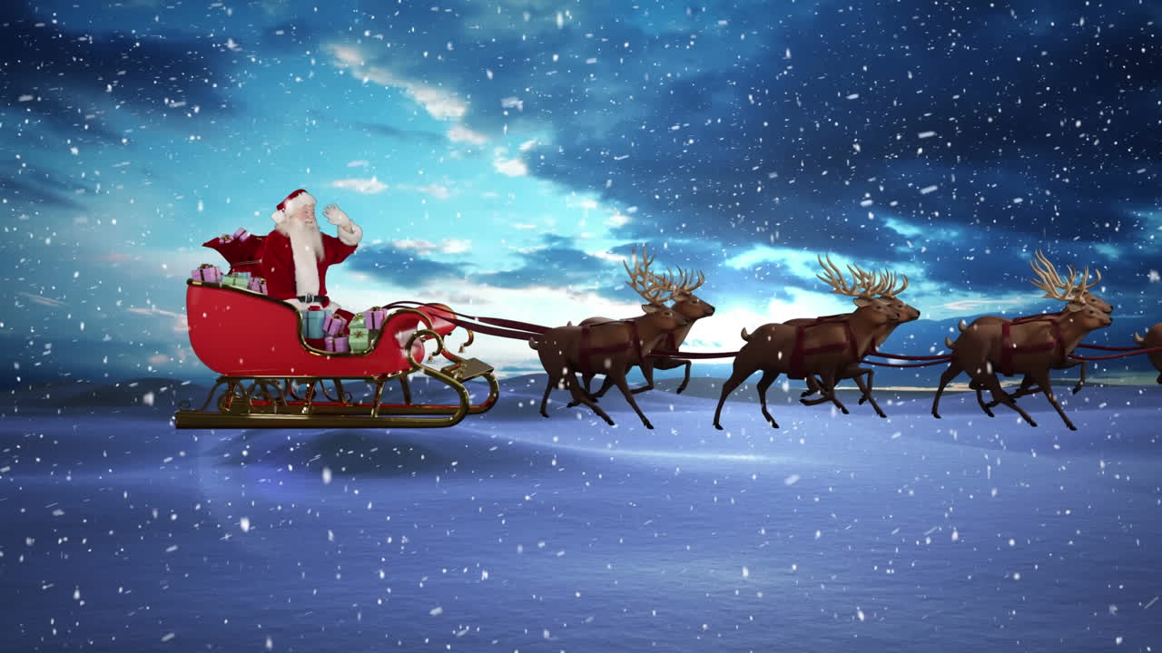 animación de nieve cayendo sobre la navidad santa claus en trineo con renos