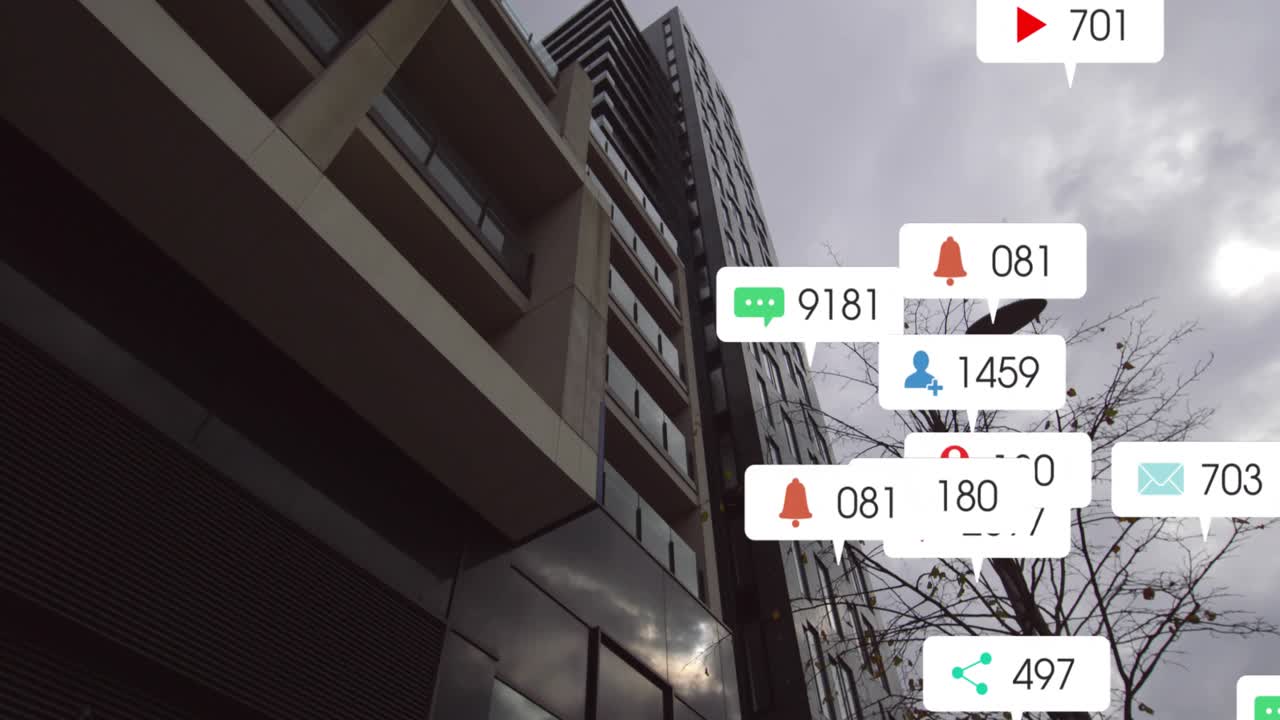 Badge icons appearing, multiplying over glass facade as camera tilting up, showing interest rise