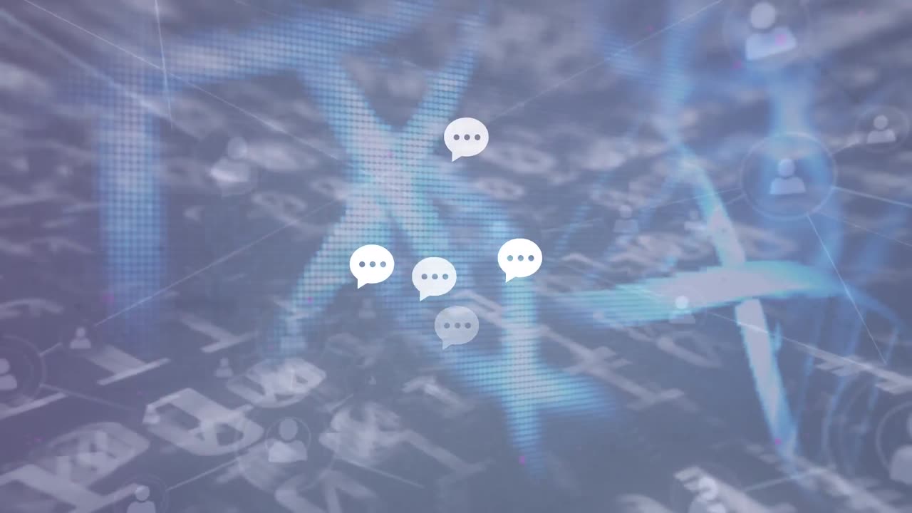 디지털 인터페이스의 애니메이션과 어두운 배경에 떨어지는 아이콘