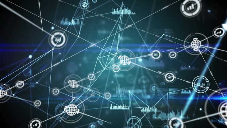 Network of connections and data processing animation over diverse graphs and charts