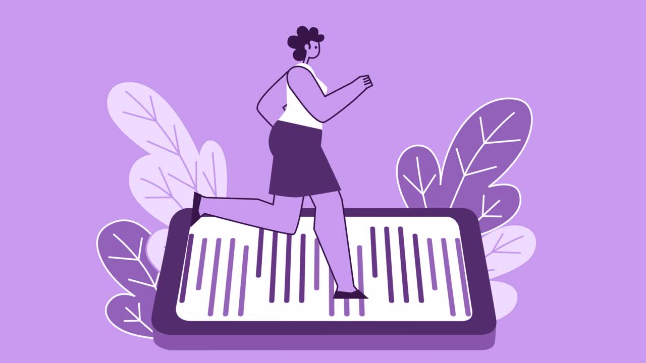 Purple Style Woman Flat Character Running on Smartphone. Isolated Loop Animation with Alpha Channel