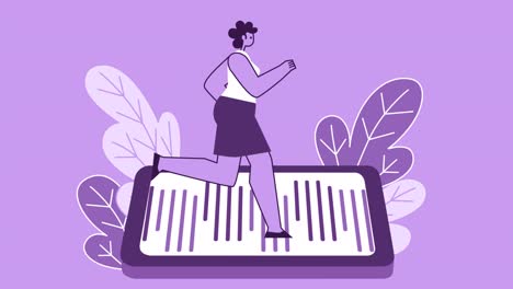 personaje plano de estilo púrpura mujer que se ejecuta en el teléfono inteligente. animación de bucle aislado con canal alfa