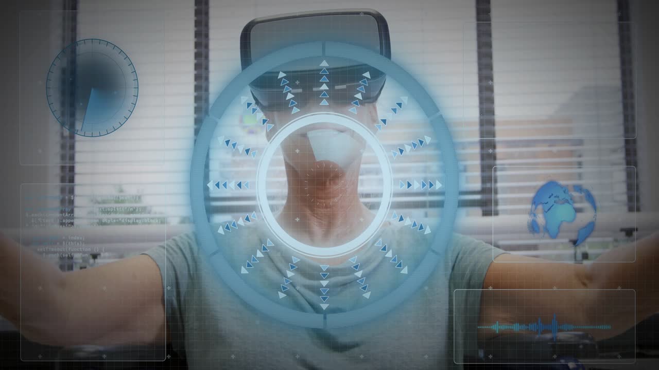 Senior woman lifting VR headset, swiping HUD in tech demo and showing globe chart code widgets