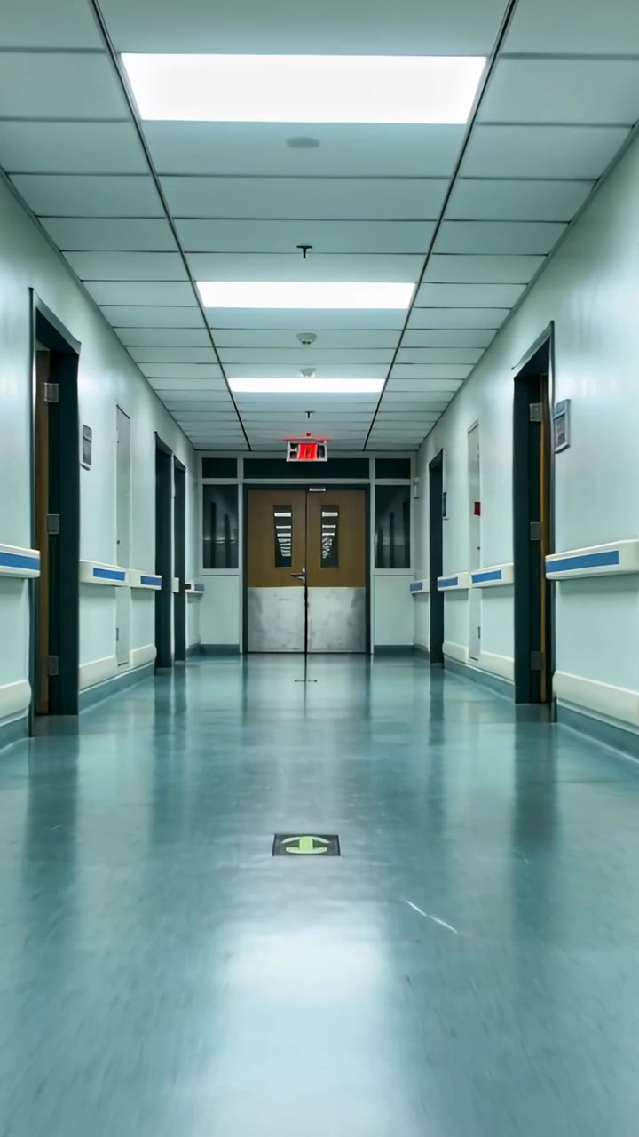 Video verticale: Telecamera in movimento in un corridoio d'ospedale che supera una freccia sul pavimento e si avvicina alle porte d'uscita