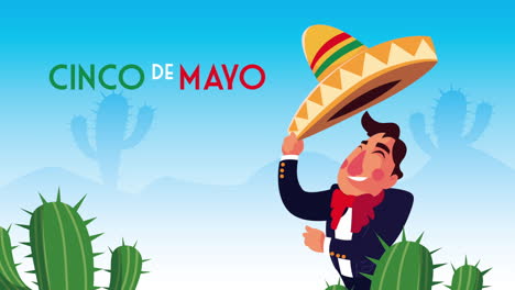 cinco de mayo lettering celebration with mariachi and cactus