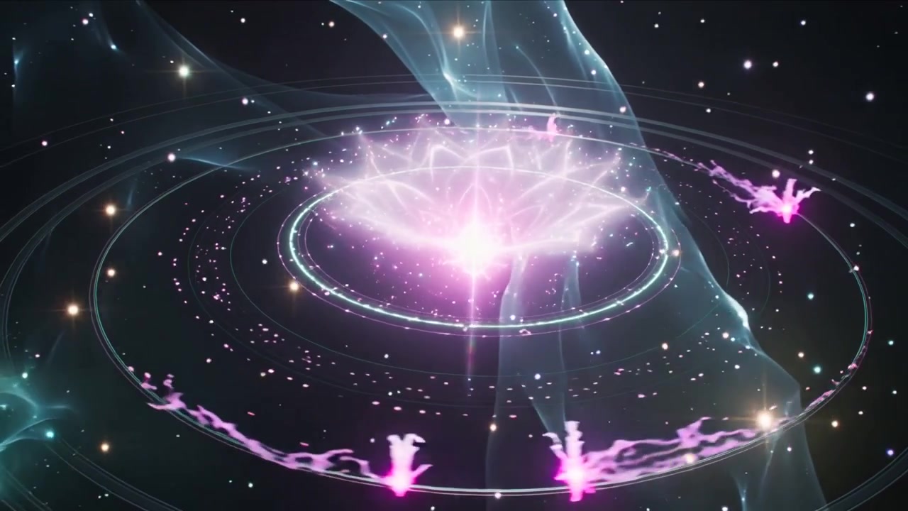Nucleo energetico centrale che si illumina e pulsa in un campo stellare, con anelli, cluster magenta e un nastro verde acqua in movimento.