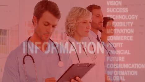 working with clipboard, medical professionals over healthcare and technology animation