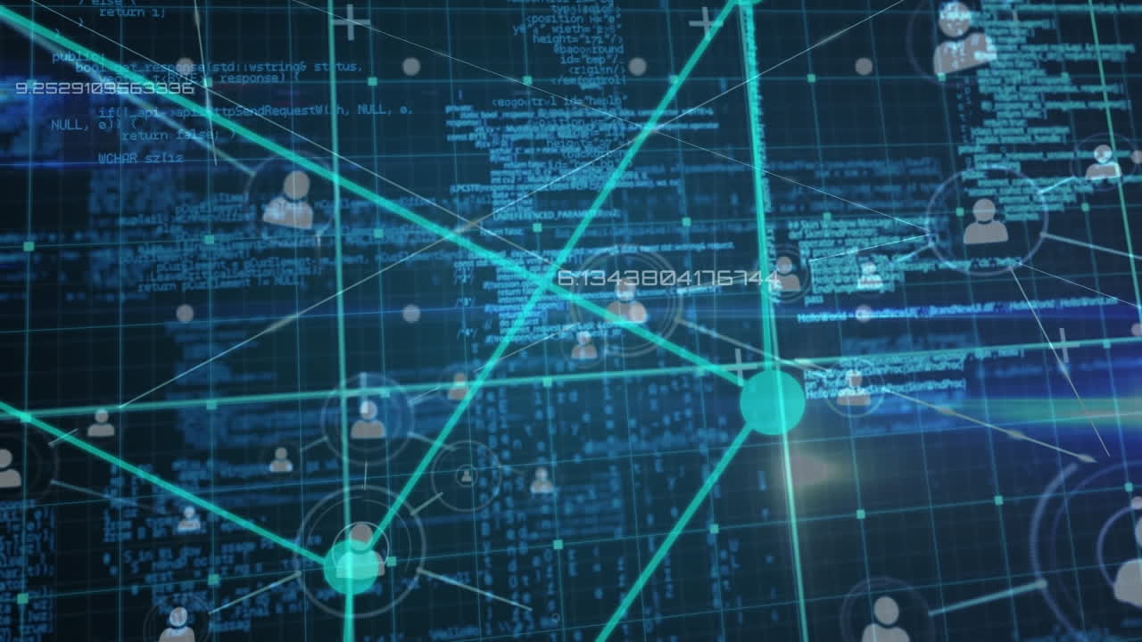 Animation of digital screen with cube, connections and data processing