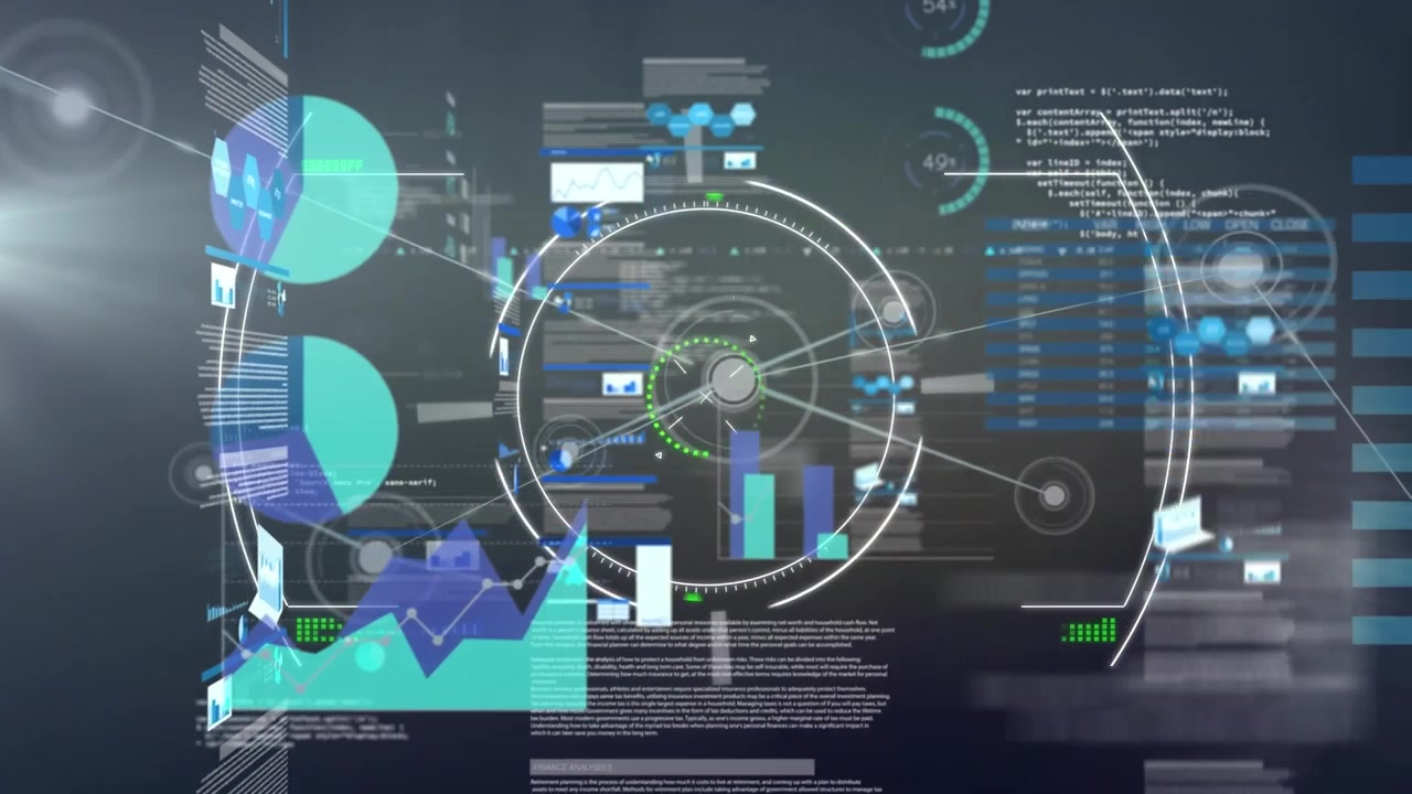Animation of scope scanning over statistical data processing and light spot against grey background