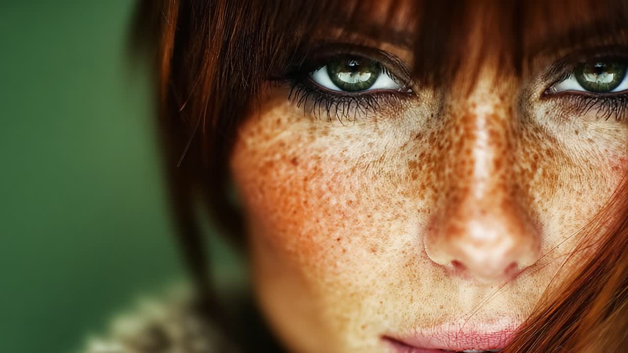 Close-up Portrait of a Woman with Freckles and Striking Green Eyes, Highlighting Textures of Skin and Hair with a Soft, Blurred Background for Emphasis