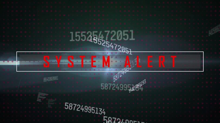Animation of system alert text over data processing on black background