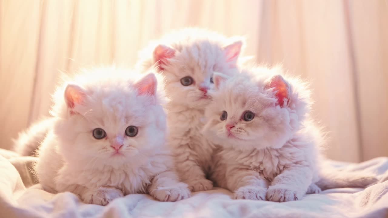 Three fluffy white kittens on a soft blanket, captured in a warm, soft-focus style