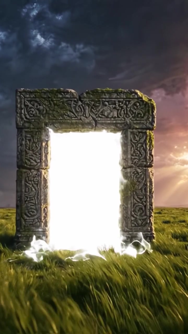 En mystisk portal, der gløder med æterisk lys, omgivet af frodigt grønt under en dramatisk himmel, der inviterer til udforskning af det ukendte bag døråbningen