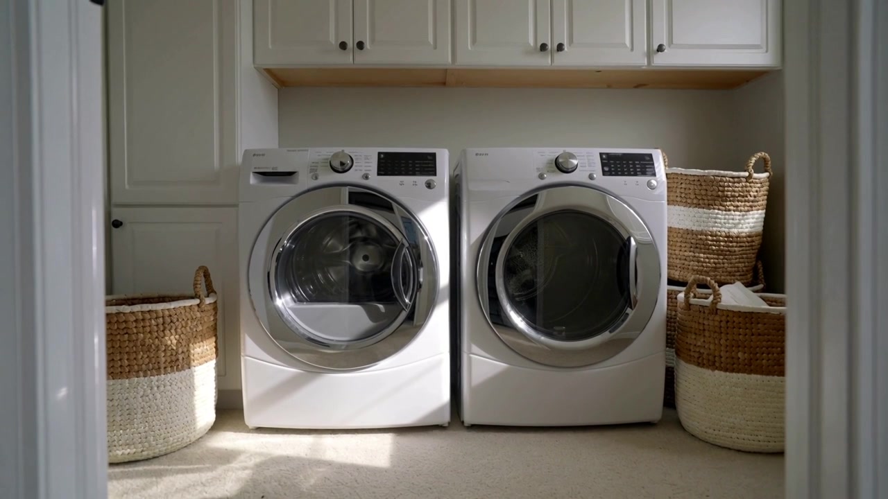 Framing washer and dryer at home laundry nook with baskets, camera approaching and showing panels