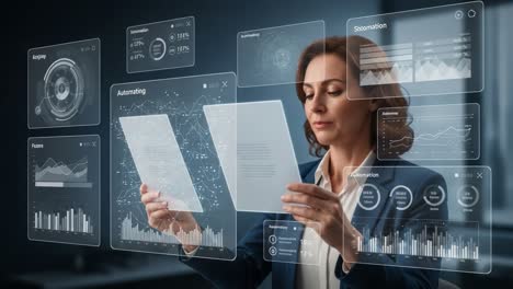 a professional woman analyzing data in a high-tech environment, surrounded by interactive digital displays showing graphs, statistics, and automation insights