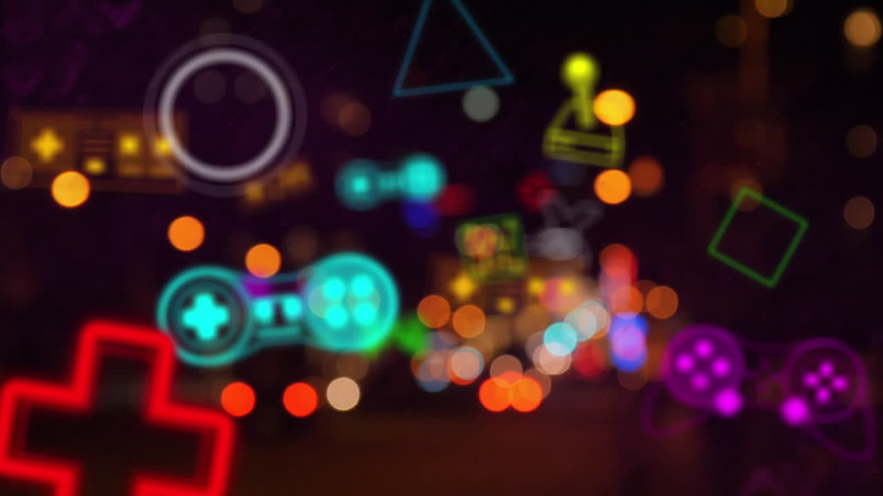 Animazione di interfaccia digitale di videogioco al neon che sfarfalla su luci bokeh