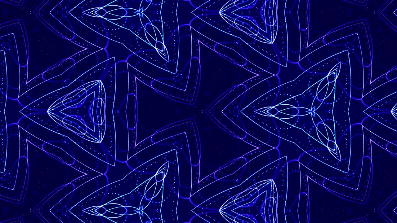 Kaleidoscopic abstract theme. 4k looped sci-fi 3d background with glow blue particles form lines, surfaces, pattern complex symmetrical structures