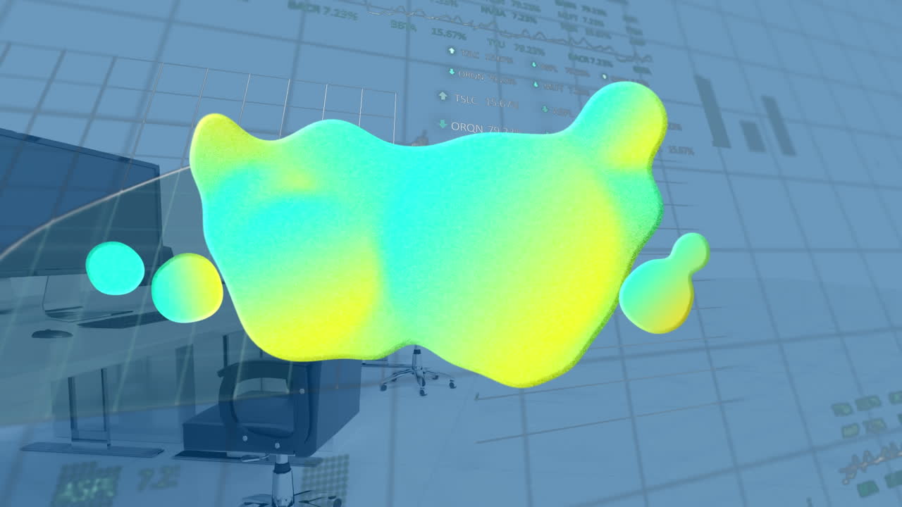 Animation of glowing blob and data processing over empty office