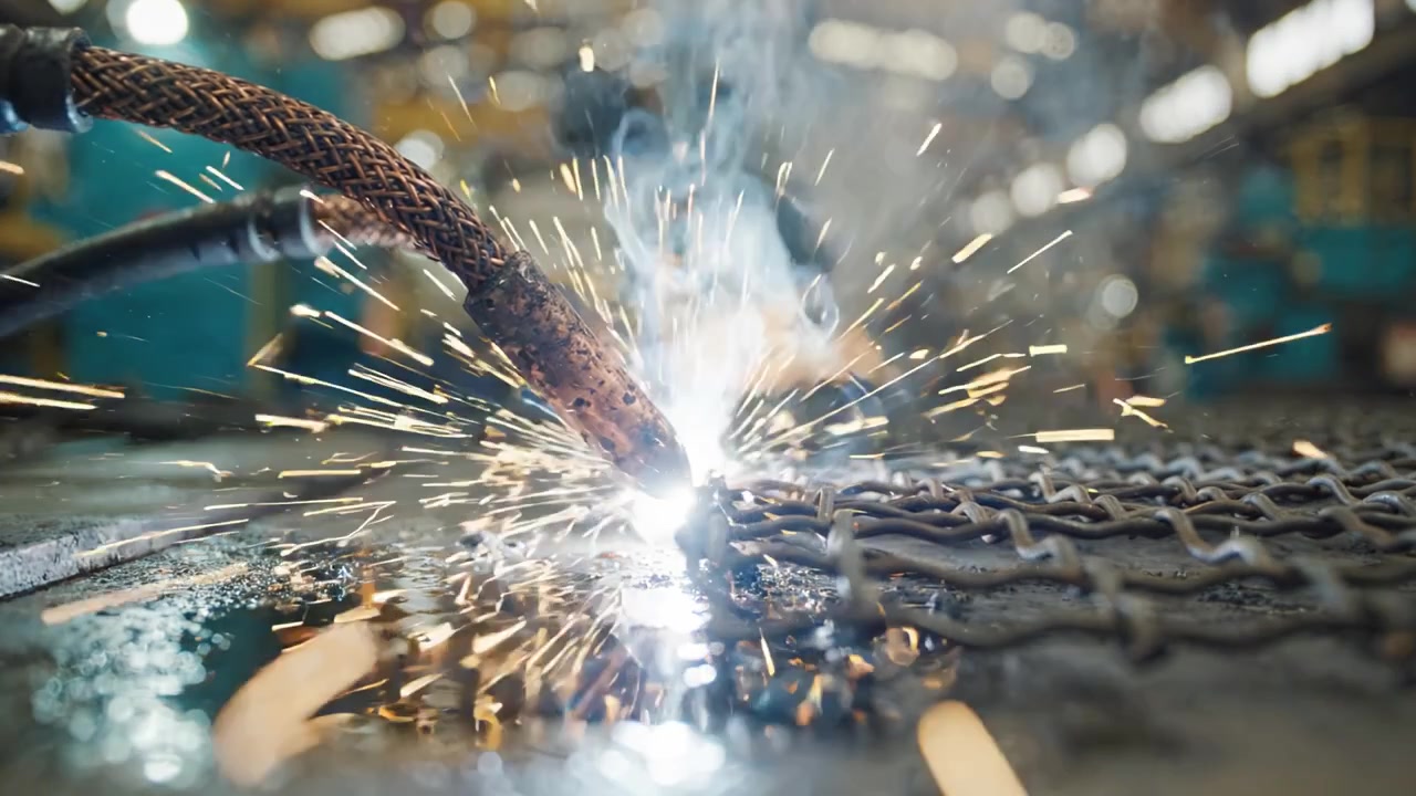 A Welder Sparks Creativity: An Engaging Glimpse Into Industrial Practices of Metalworking and Welding in a Vibrant Workshop Environment, Showcasing Machinery and Skill.