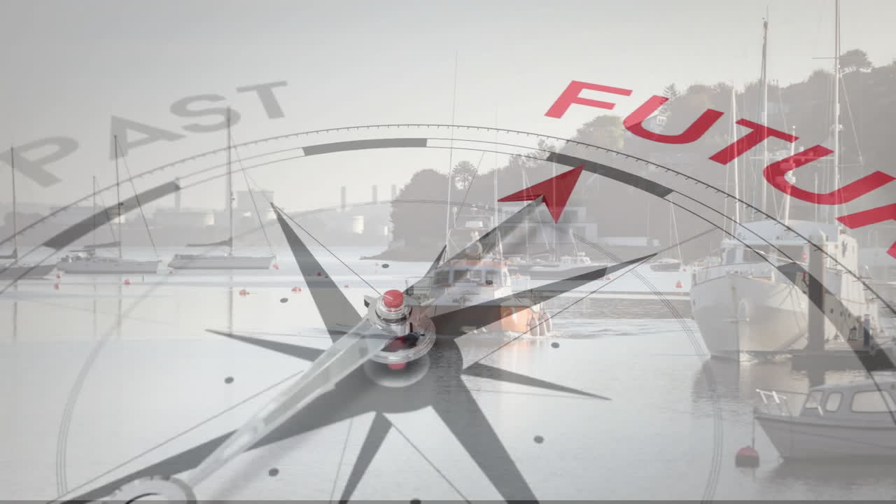 평온한 항구에 정박한 배 위의 미래 애니메이션을 가리키는 나침반