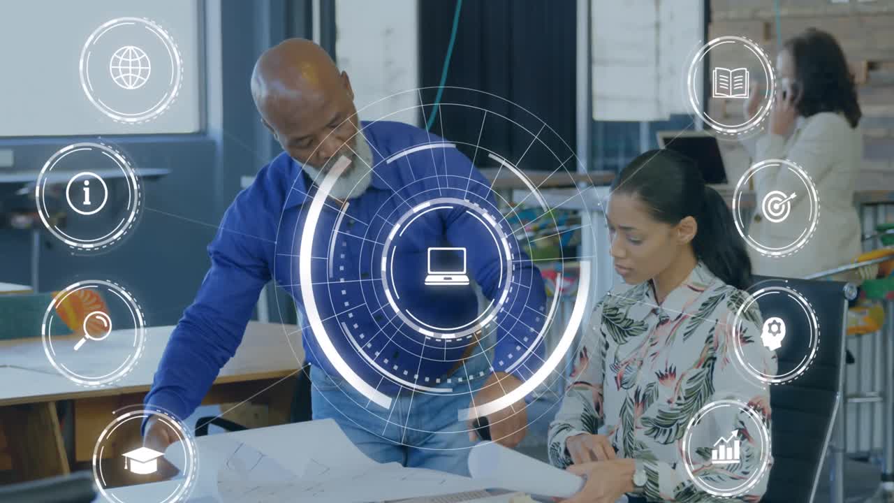 Animation of icons and data processing over diverse business people in office