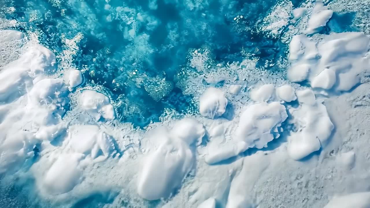 Un video aereo cattura una straordinaria vista dall'alto di formazioni ghiacciate e acqua blu brillante