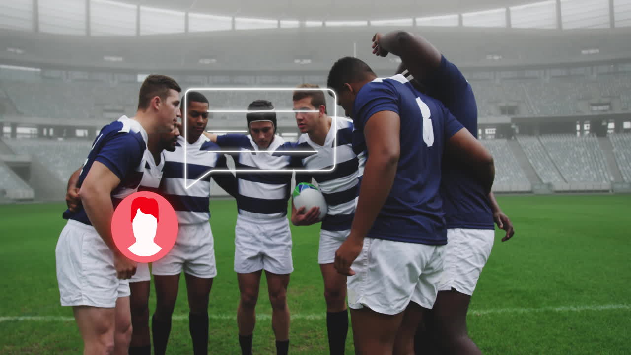 Rugby team huddling on field with social media notification animation overlay