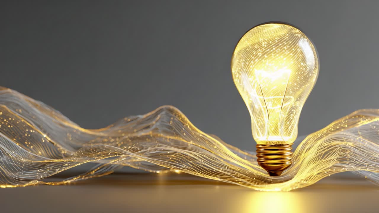 Pulsating light bulb glowing with golden energy, illuminating an abstract wave of interconnected digital data, symbolizing innovation, brainstorming, creativity, and the power of a bright idea