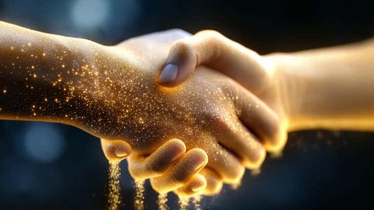 An Enchanting Handshake Illuminated with Sparkling Particles Representing Unity and Connection Between Two People in a Magical Atmosphere