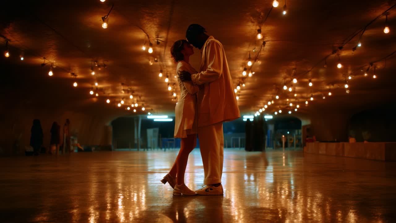 A Romantic Evening Under Glowing Lights: A Couple Shares Intimacy in an Enchanting Underground Space, Capturing the Essence of Love and Connection Amidst a Magical Ambiance