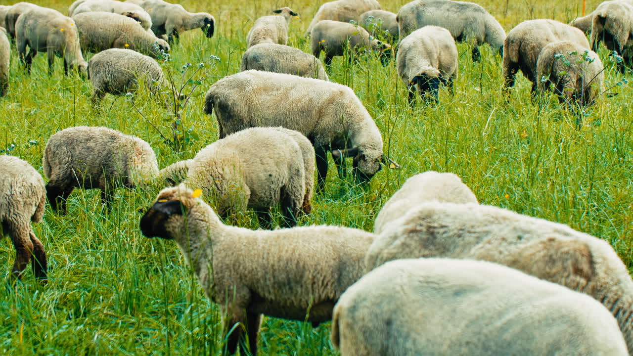 A herd of sheep graze contentedly on lush green grass on a cloudy day. Perfect for commercials, documentaries, or nature-related projects