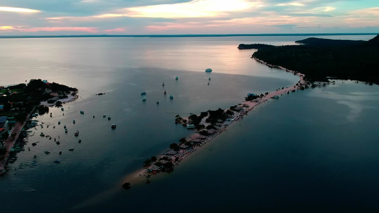 Stationary drone footage at dusk of the Island of Love in the Brazilian State of Para.