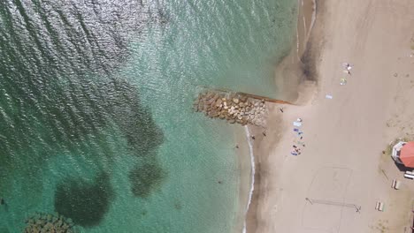 aerial view over a quiet beach and transparent, shallow water in st kitts - overhead, drone shot