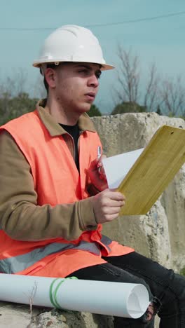 architect in the nature sitting while taking notes about the project