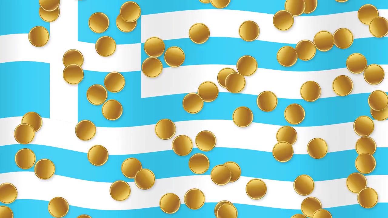Monete d'oro animate cadono continuamente su uno sfondo di bandiera a strisce blu e bianche che sventola
