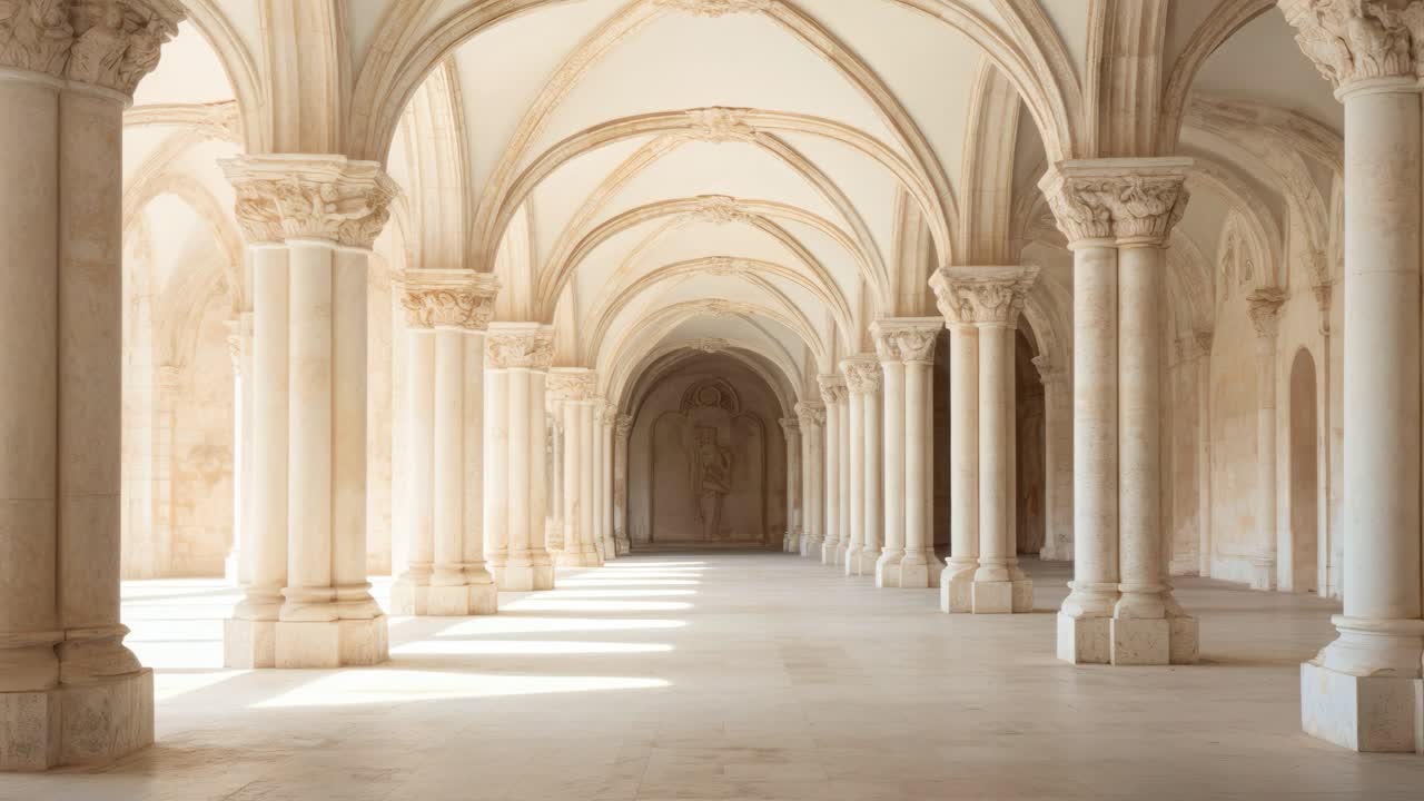 A serene exploration of a sunlit, ornate architectural hallway with elegant arches and columns