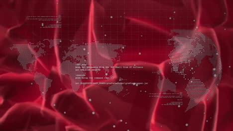 world map and data processing animation over red abstract background